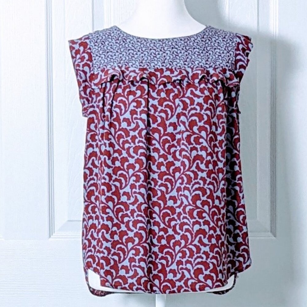 ANN TAYLOR LOFT Women's Short Cap Sleeve Top Blouse  Size S  Red Blue Print